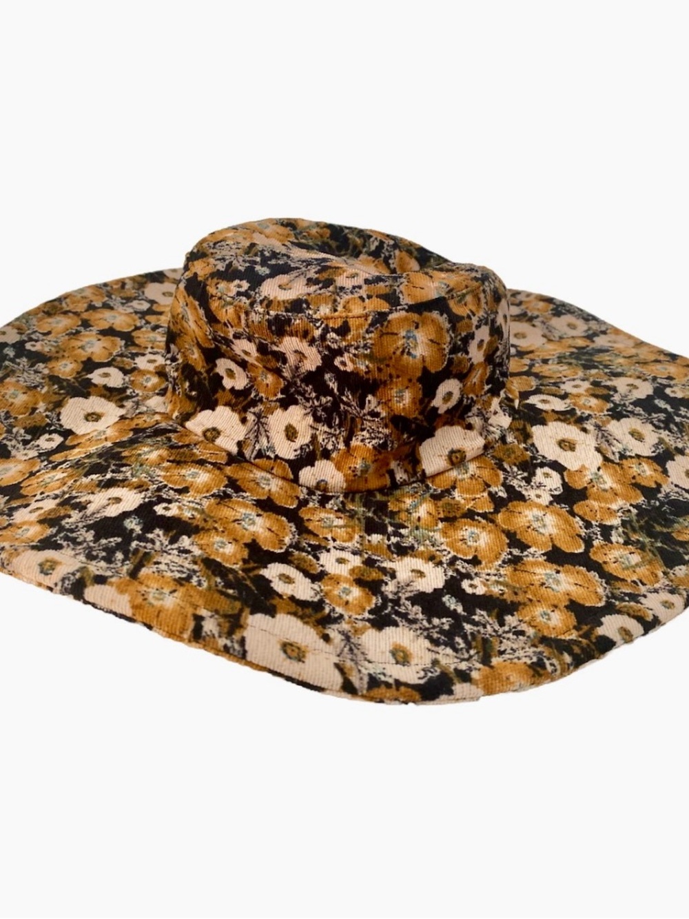 Anthropologie Floral Corduroy Bucket Hat in Mustard, Black & White